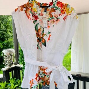 White House Black Market Floral White Blouse